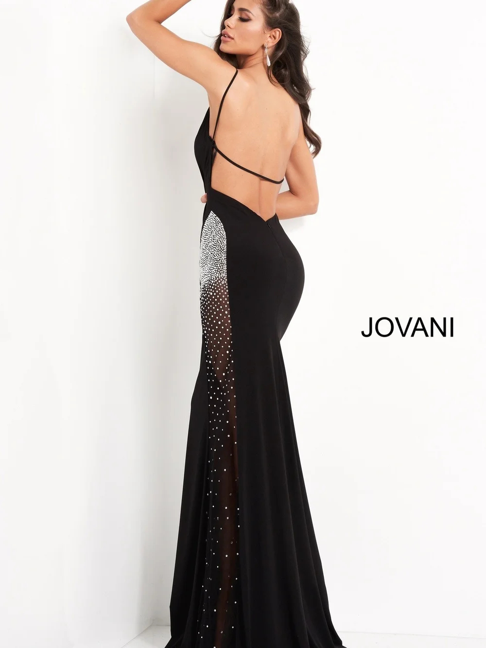 JOVANI Light Blue Backless Evening Gown with Embellished Sheer Panels